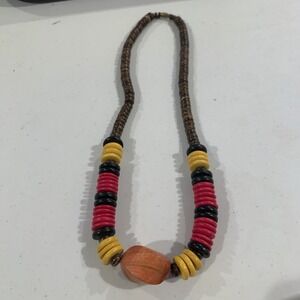 Vintage African‎ Style Colorful Wooden Disk Necklace 24" 1970's or 1980's